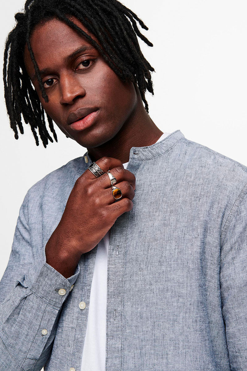 ONLY & SONS CAIDEN LS SOLID LINEN MAO SHIRT Dress Blues - Image 4