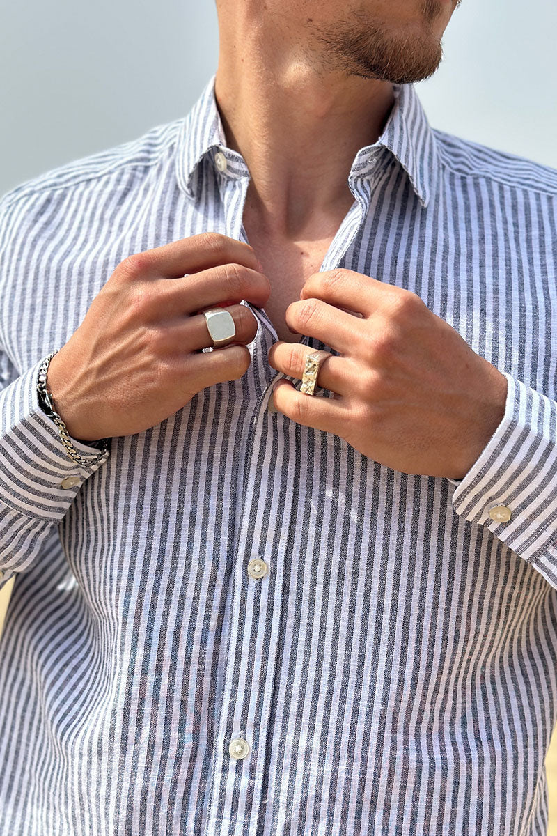 ONLY & SONS Caiden LS Stripe Linen Shirt Dark Navy - Image 4