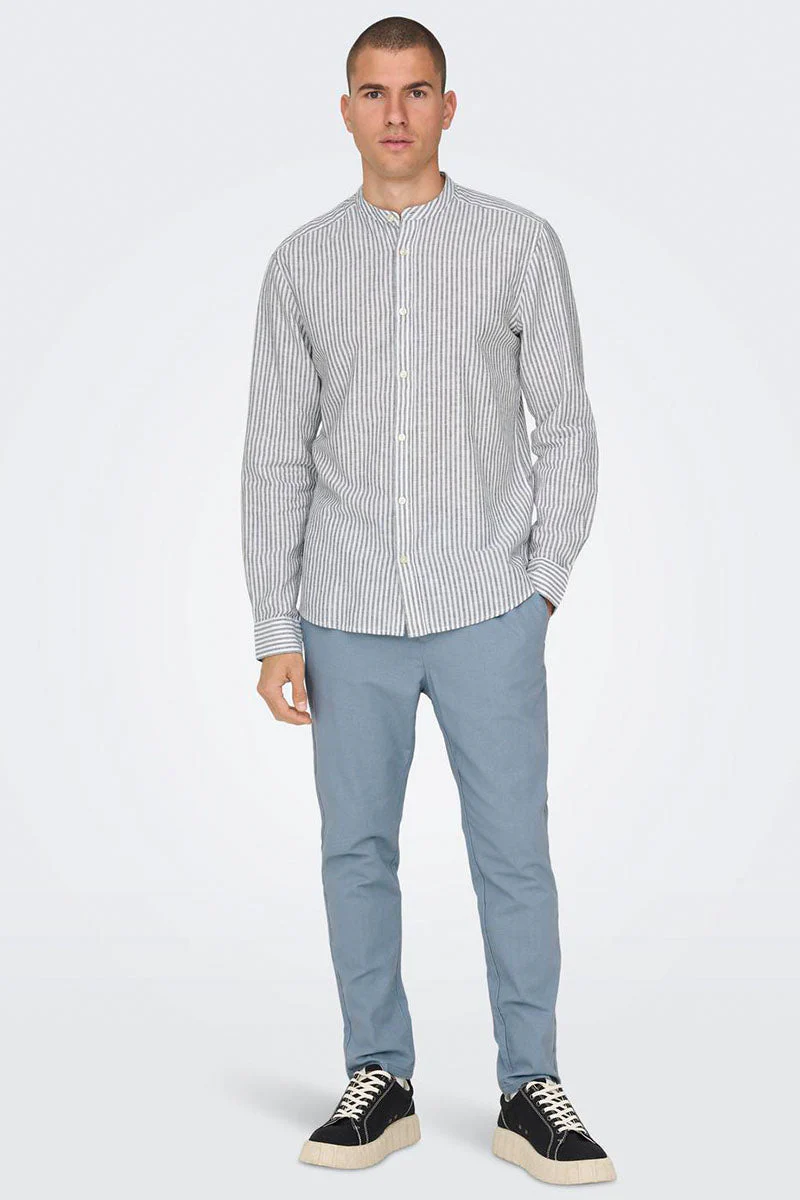 ONLY & SONS Caiden LS Mao Stripe Linen Shirt Dark Navy - Image 2