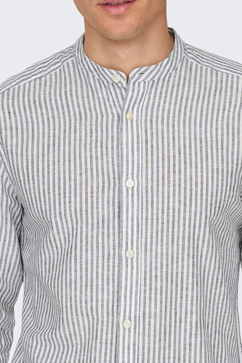 ONLY & SONS Caiden LS Mao Stripe Linen Shirt Dark Navy - Image 3