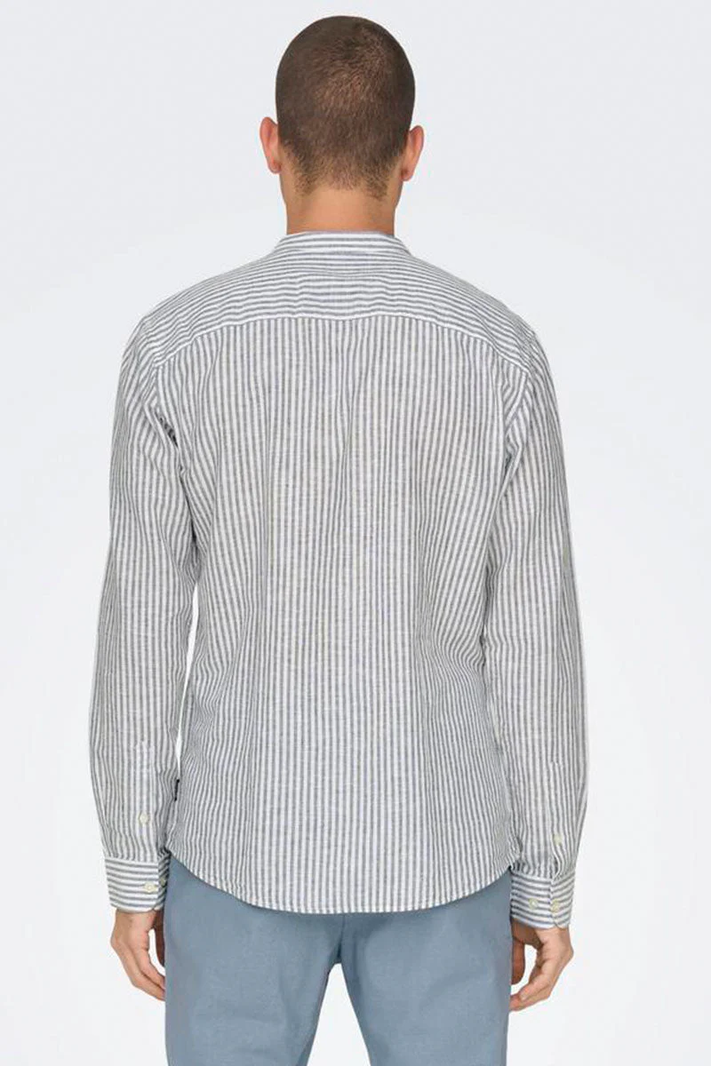 ONLY & SONS Caiden LS Mao Stripe Linen Shirt Dark Navy - Image 4