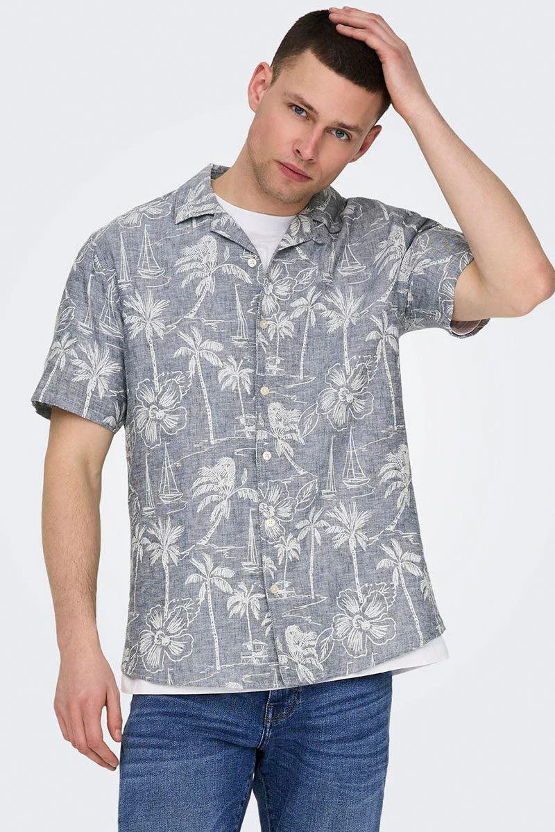 ONLY & SONS Caiden SS Regular Hawaii Linen Shirt Dress Blues - Image 3