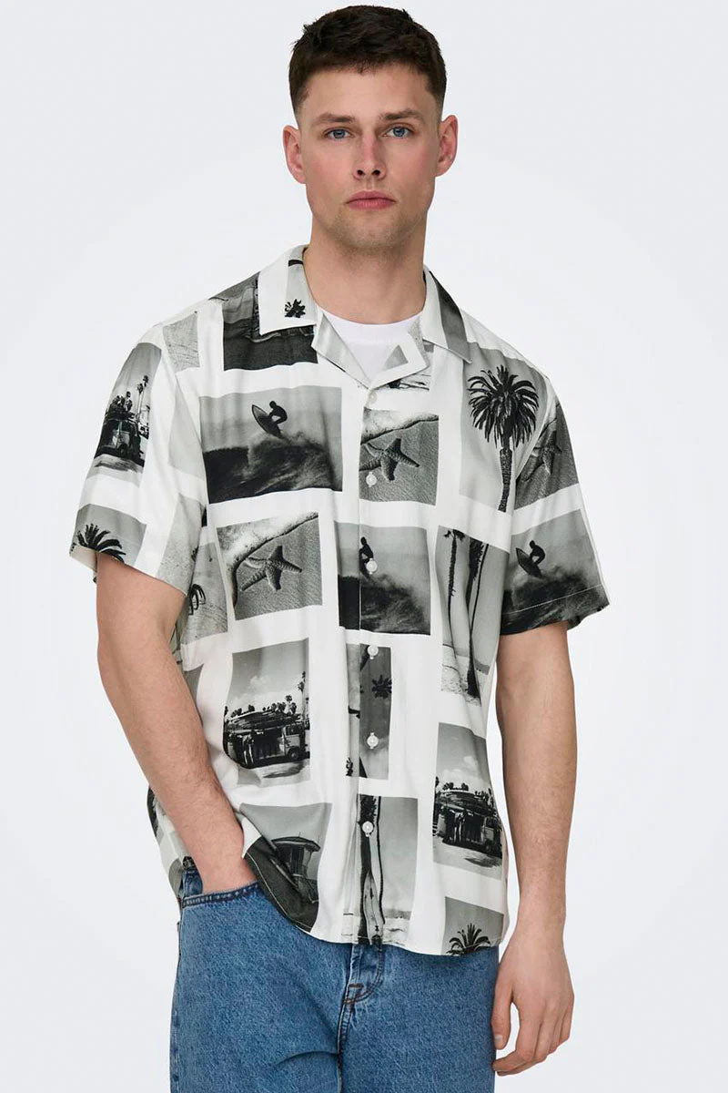 ONLY & SONS Nano Regular Cotton Viscose SS AOP Shirt Bright White - Image 4