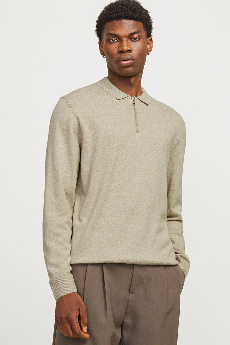 Jack & Jones Emil Knit Polo Half Zip LS Oatmeal