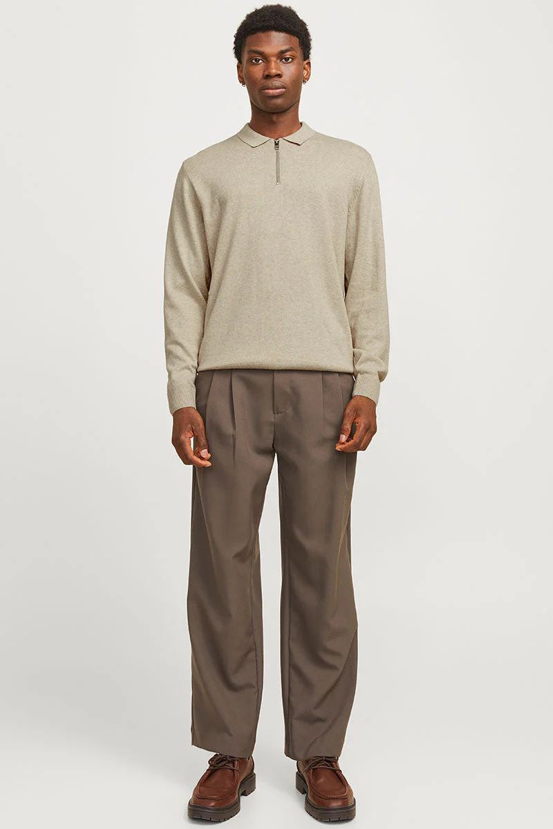 Jack & Jones Emil Knit Polo Half Zip LS Oatmeal - Image 2