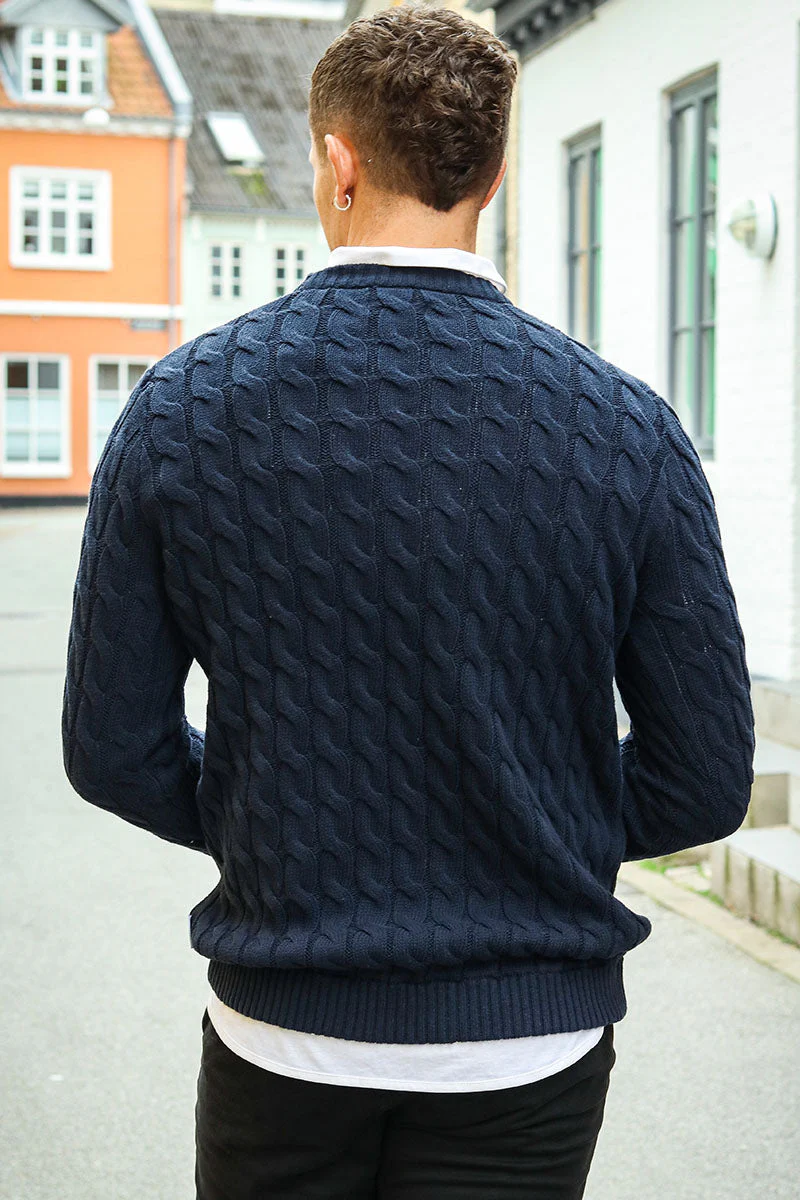 ONLY & SONS Kicker Cable Knit Crew Neck Dark Navy - Image 5