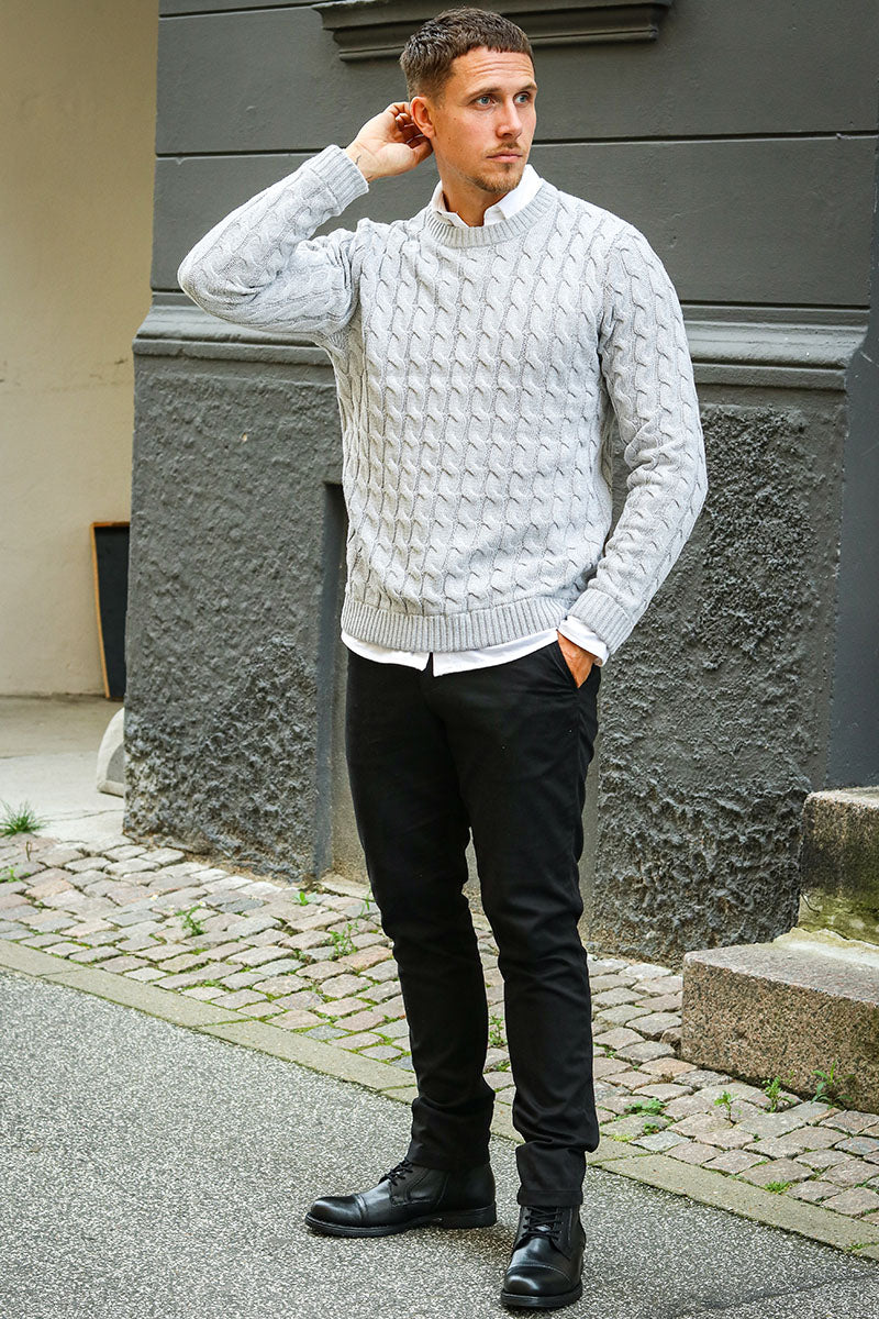 ONLY & SONS Kicker Cable Knit Crew Neck Light Grey Melange - Image 2