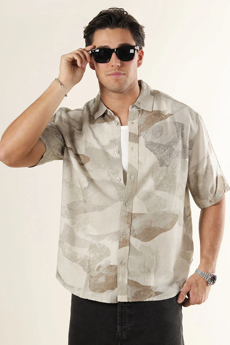 ONLY & SONS Bud Relaxed Fit AOP Linen Shirt Chinchilla