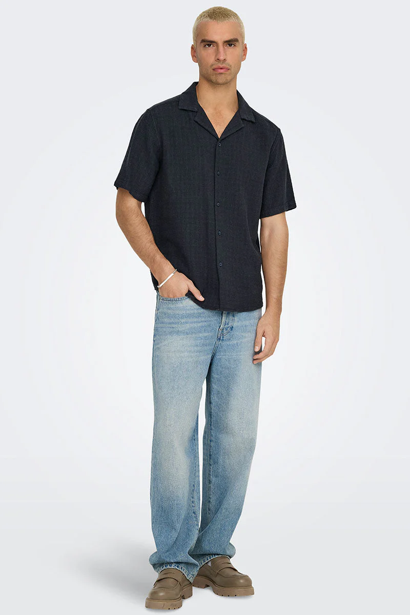 ONLY & SONS Latham Resort Linen Structure Shirt Dark Navy - Image 2