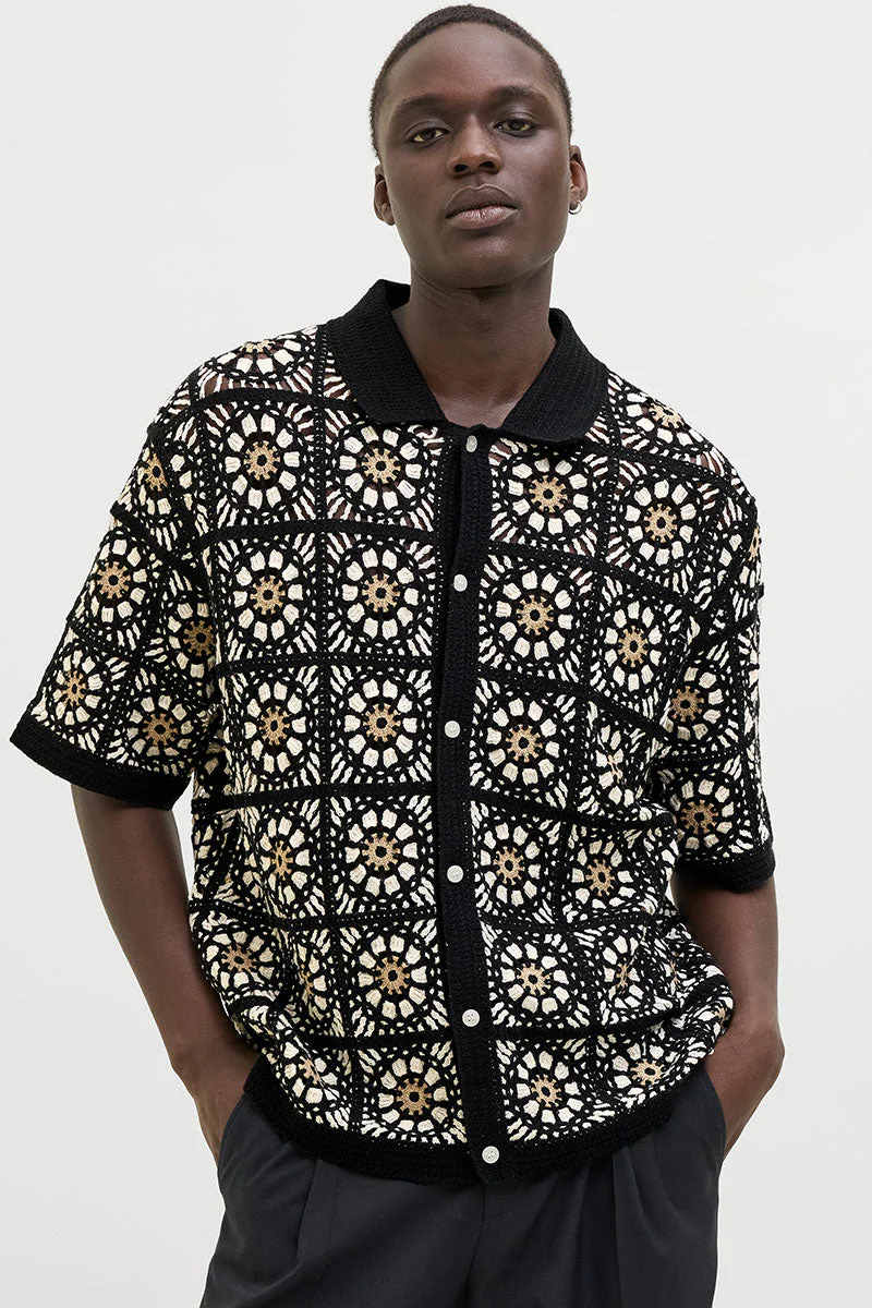 Jack & Jones Cartagena Crochet Knit Polo Black