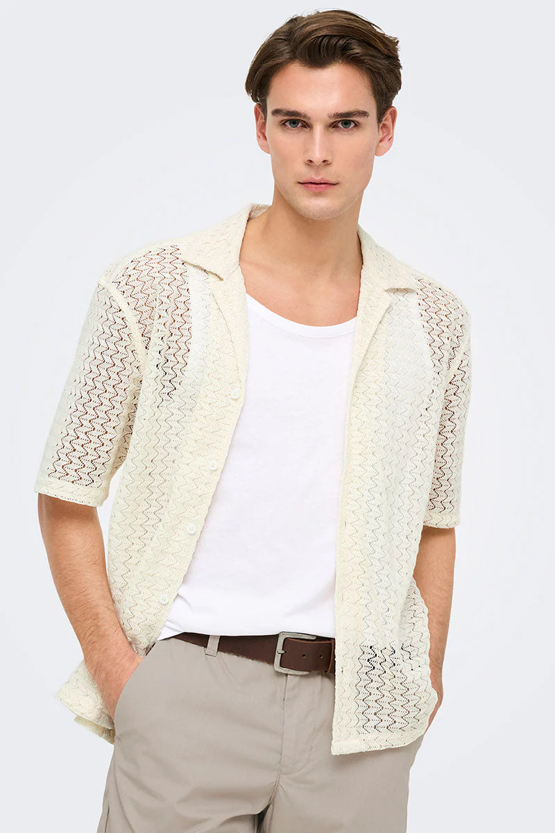 ONLY & SONS Novak Relax Resort SS Zigzag Shirt Egret