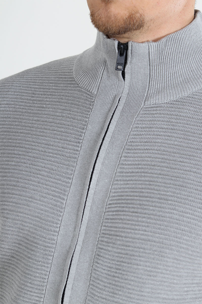Solid Valencia Knit Full  Zip Light Grey Melange - Image 4