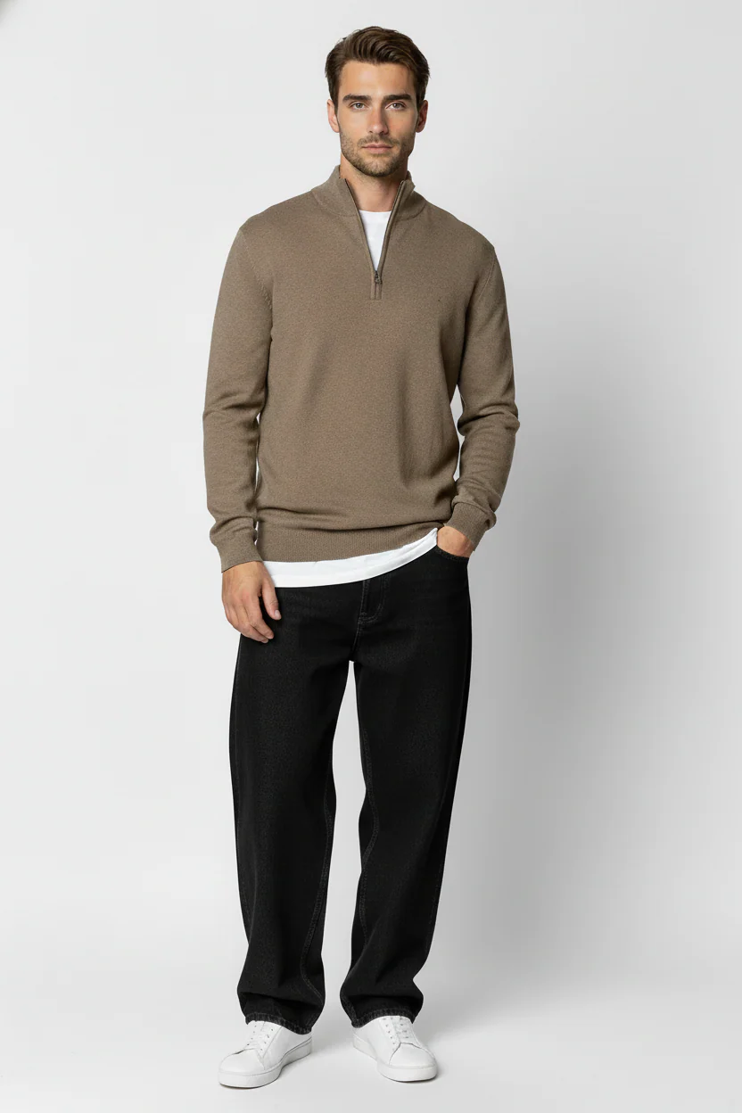 Clean Cut Copenhagen Claude half zip knit Dark beige melange - Image 2