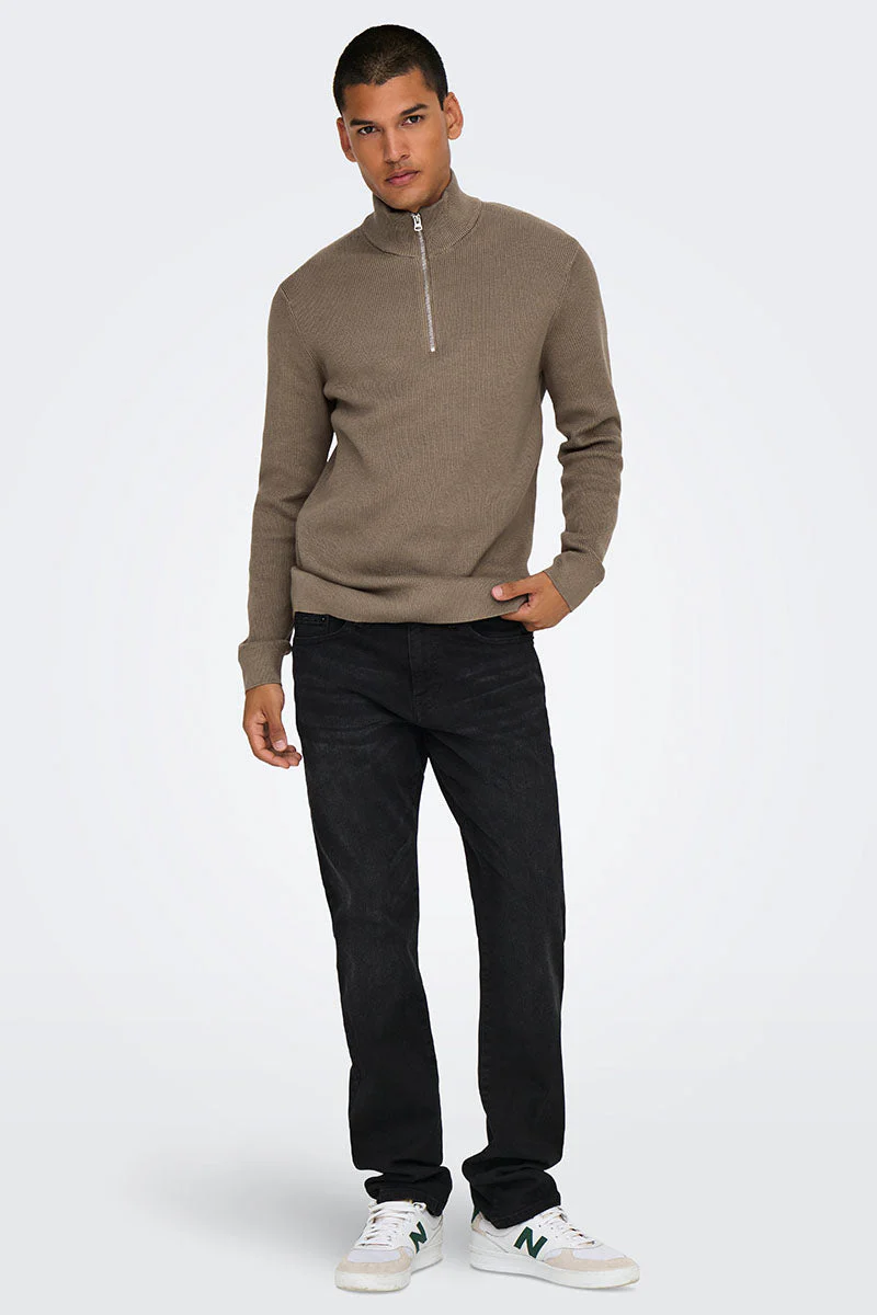 ONLY & SONS Phil Cotton Half Zip Knit Desert Taupe - Image 2