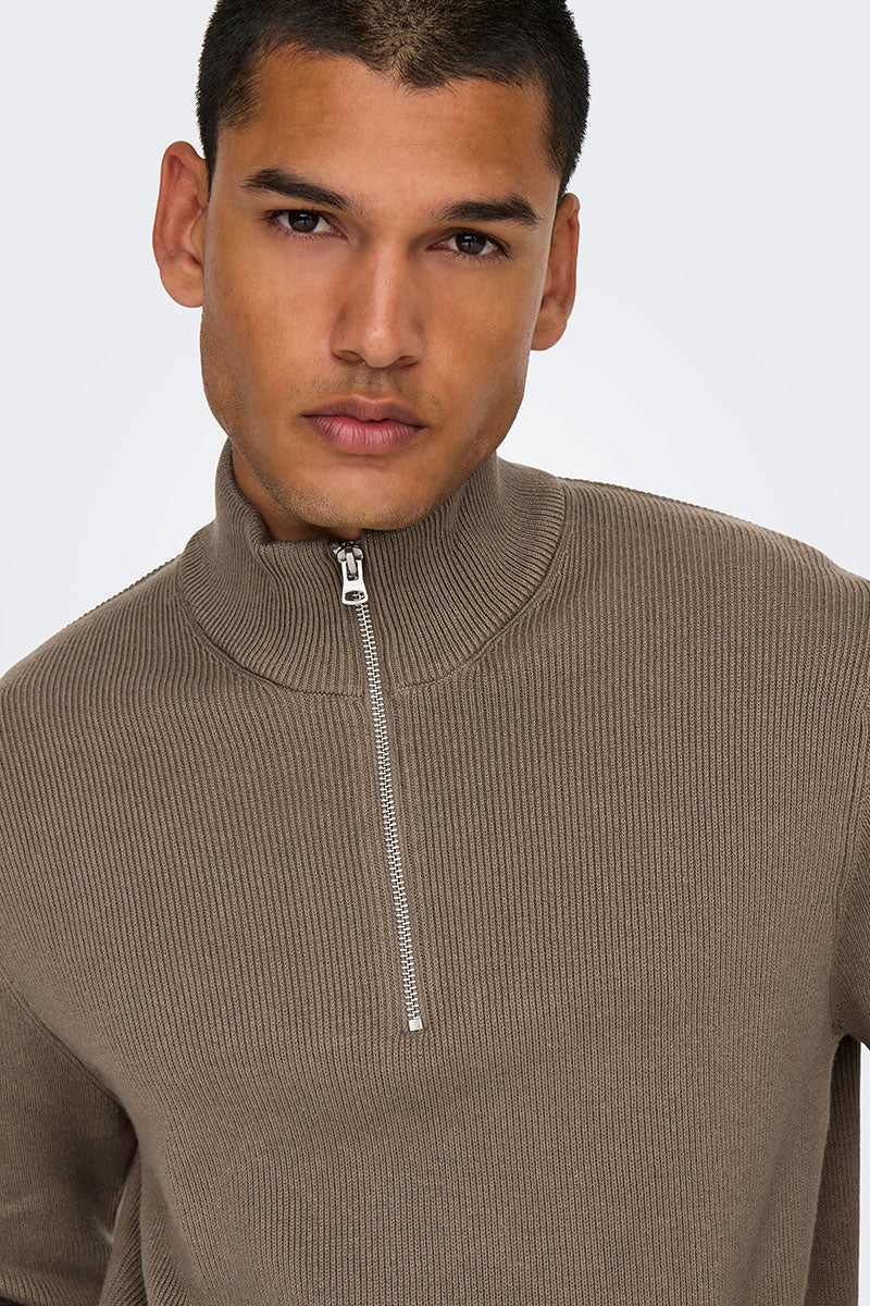 ONLY & SONS Phil Cotton Half Zip Knit Desert Taupe - Image 3