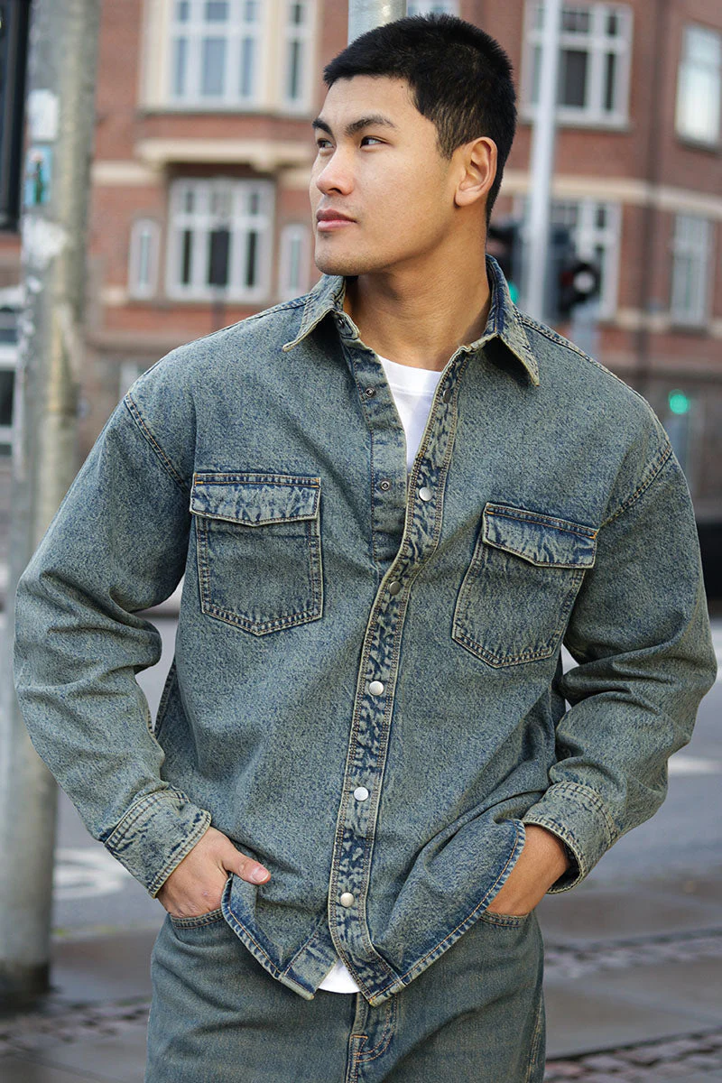 Jack & Jones Austin Wide Fit Denim Shirt LS Light Blue Denim - Image 3