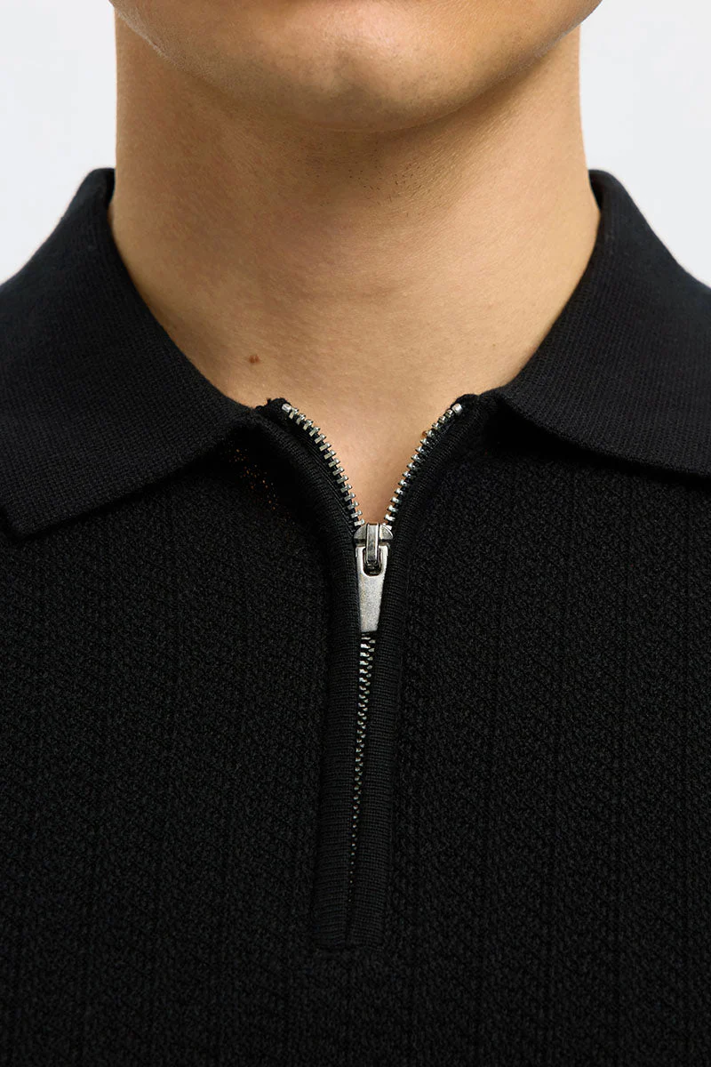 Selected Cran SS Structure Half Zip Knit Polo Black - Image 3