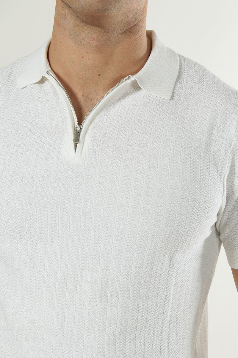 Selected Cran SS Structure Half Zip Knit Polo Egret - Image 4