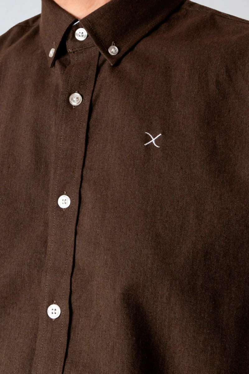 Clean Cut Copenhagen Oxford Stretch Plain L/S Dark Brown Melange - Image 3