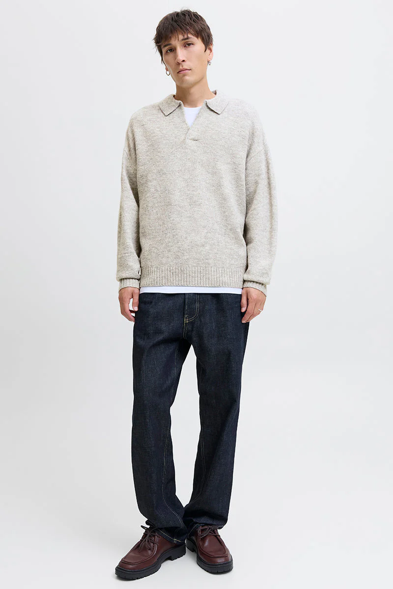 Jack & Jones Soho Ollie Knit Split Neck Light Grey Melange - Image 2