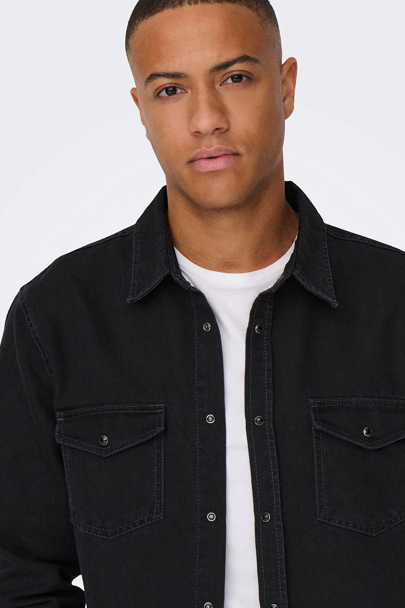 ONLY & SONS Bane Regular Fit Denim Shirt Dark Grey Denim - Image 3