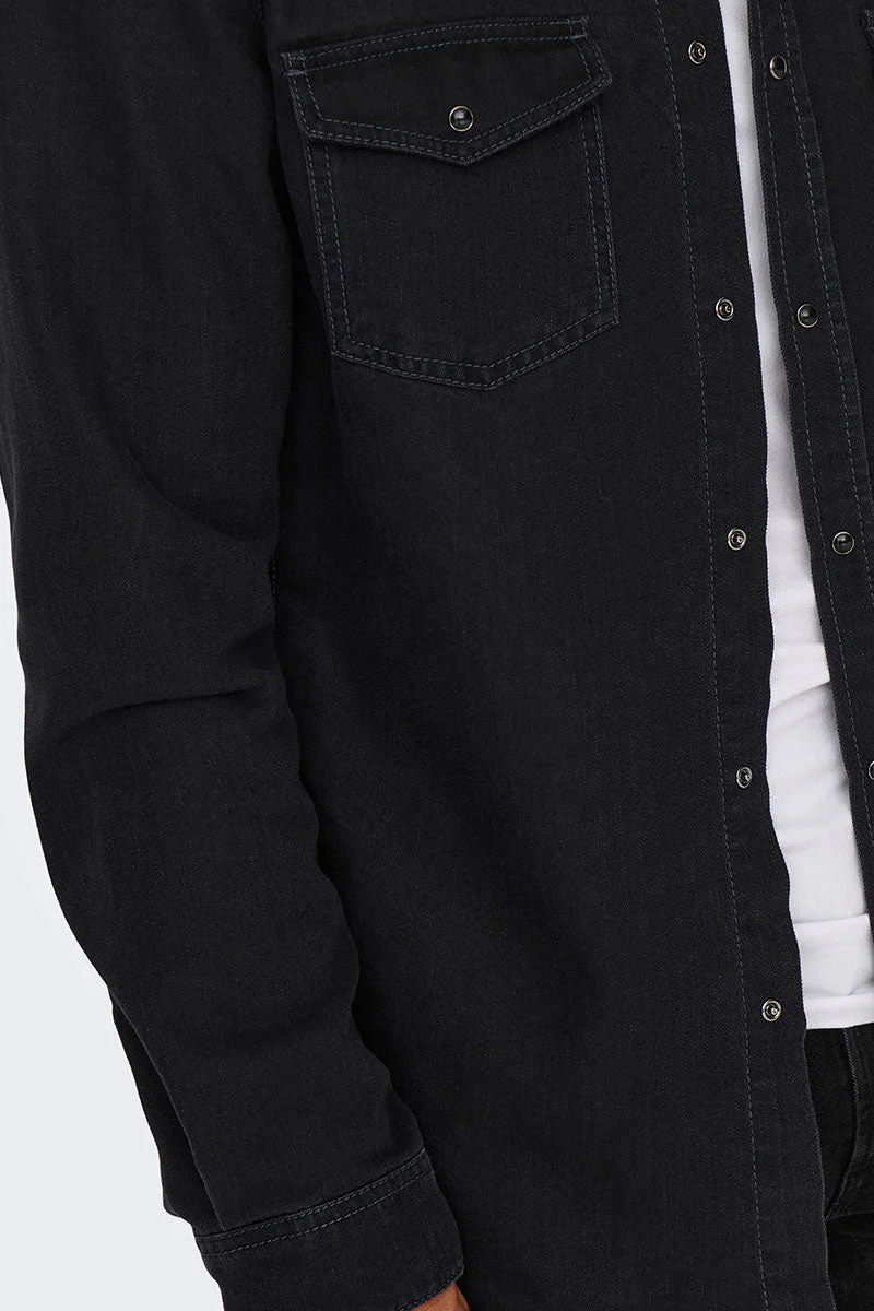 ONLY & SONS Bane Regular Fit Denim Shirt Dark Grey Denim - Image 4