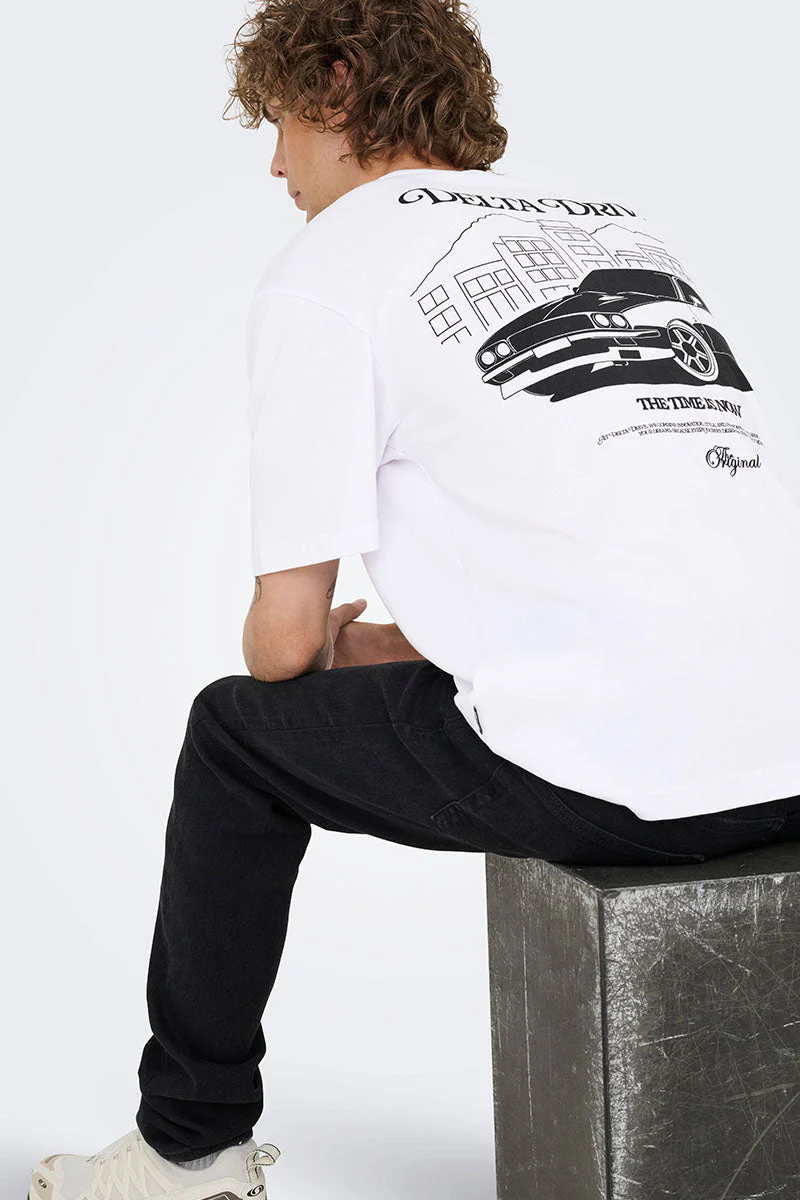 ONLY & SONS Nathan Backprint Relaxed Fit Tee Bright White Delta Drive - Image 4