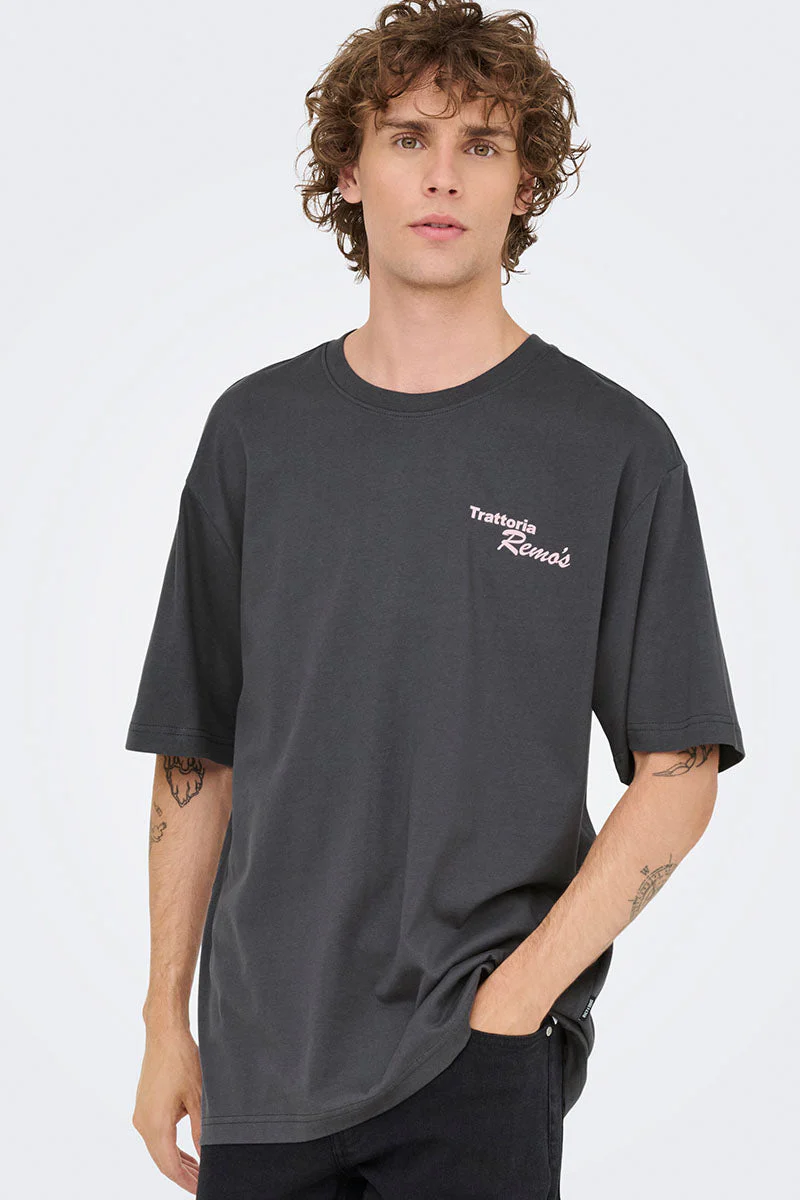 ONLY & SONS Nathan Backprint Relaxed Fit Tee Grey Pinstripe Remos - Image 2