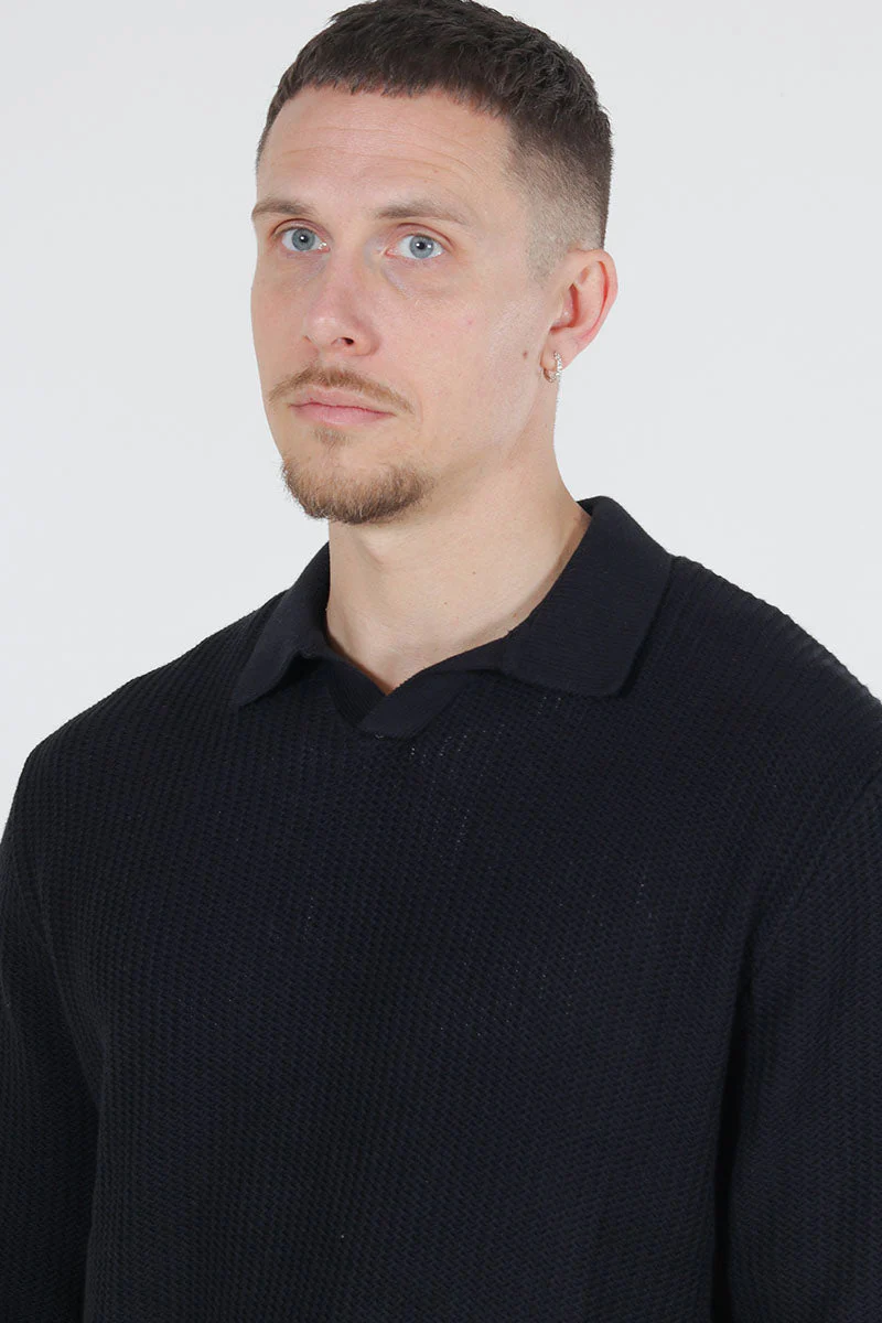 Jack & Jones Relaxed Fit Structered Knit Polo Black - Image 3