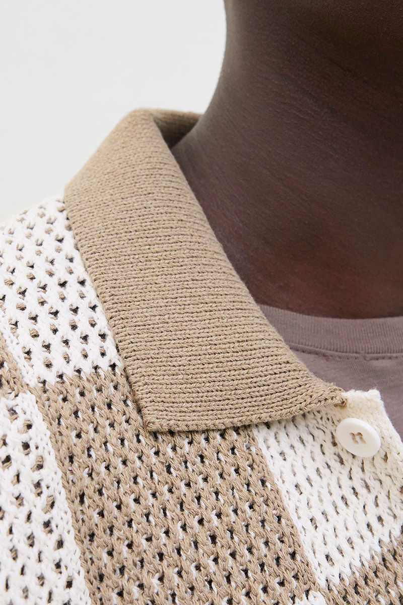Jack & Jones Athletico Loose Fit Crochet Polo Shirt SS Desert Taupe - Image 3