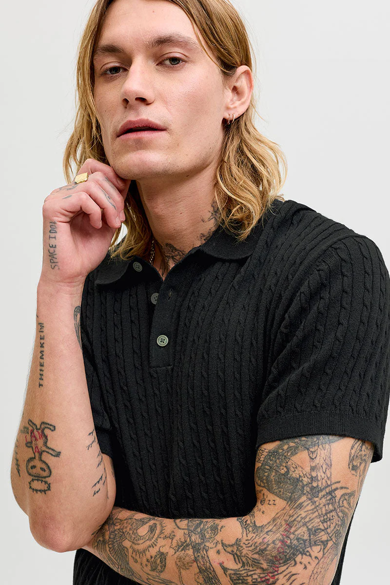 Jack & Jones Emil Knit Cable Polo SS Black - Image 3