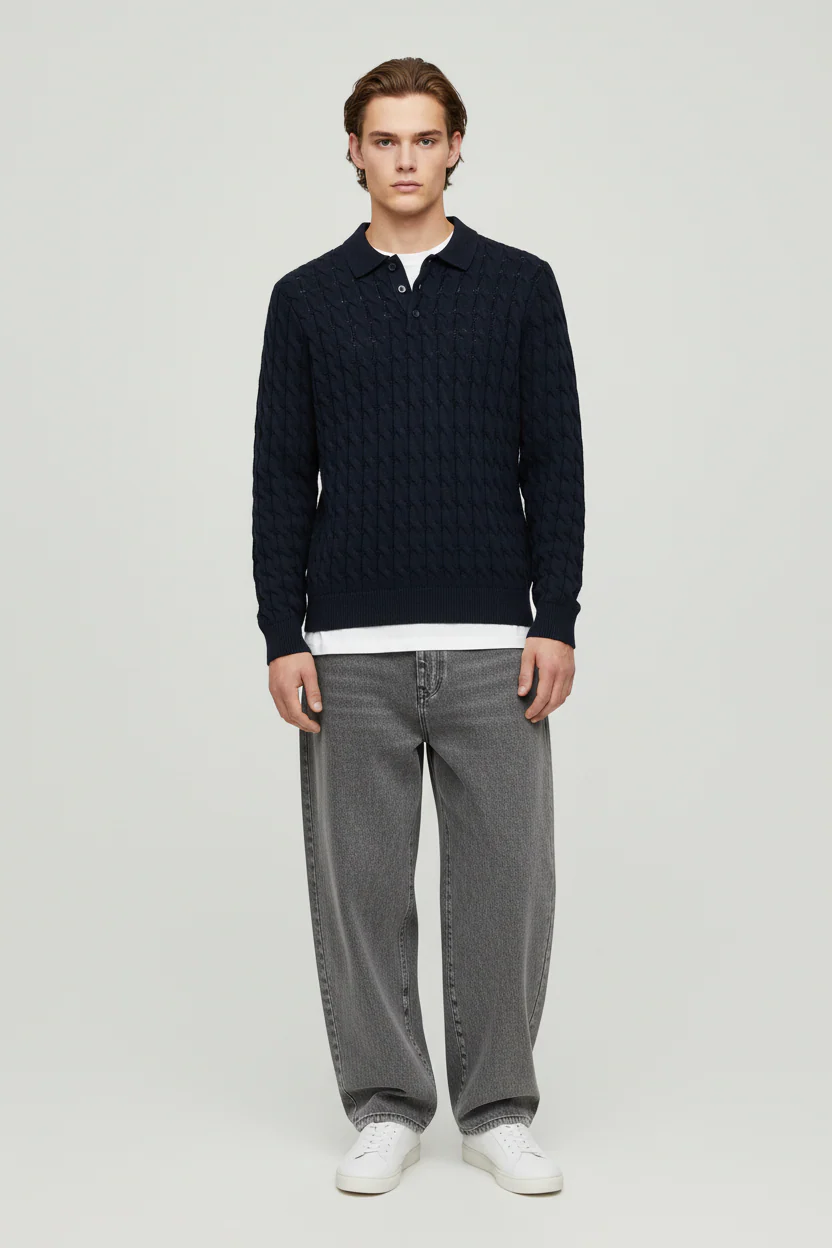 ONLY & SONS Kicker Cabel Polo Knit Dark Navy - Image 2