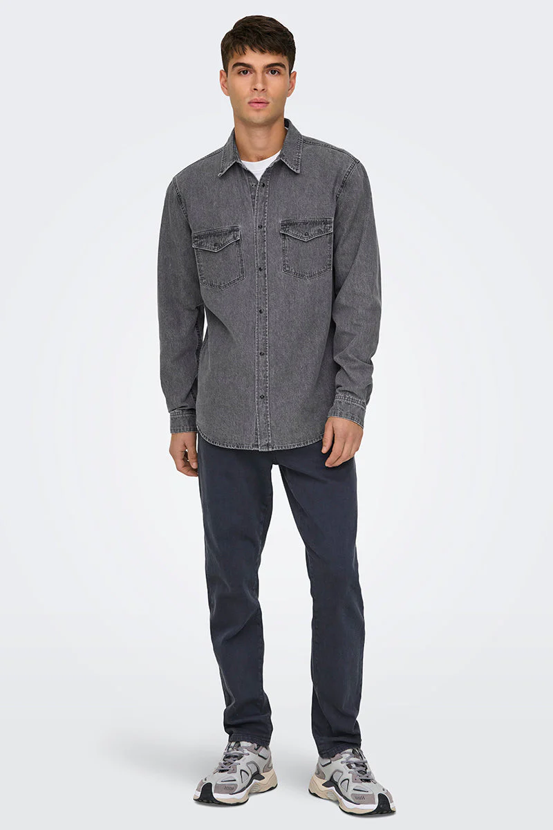 ONLY & SONS Bane Regular Fit Denim Shirt Light Grey Denim - Image 2