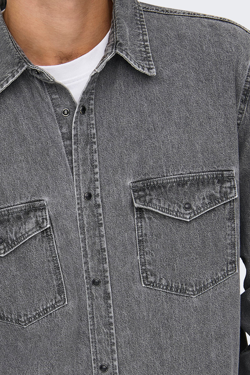 ONLY & SONS Bane Regular Fit Denim Shirt Light Grey Denim - Image 3