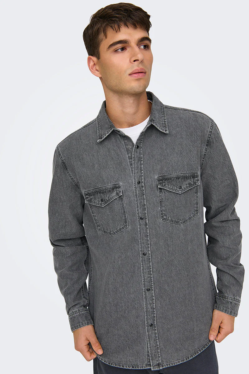 ONLY & SONS Bane Regular Fit Denim Shirt Light Grey Denim - Image 4