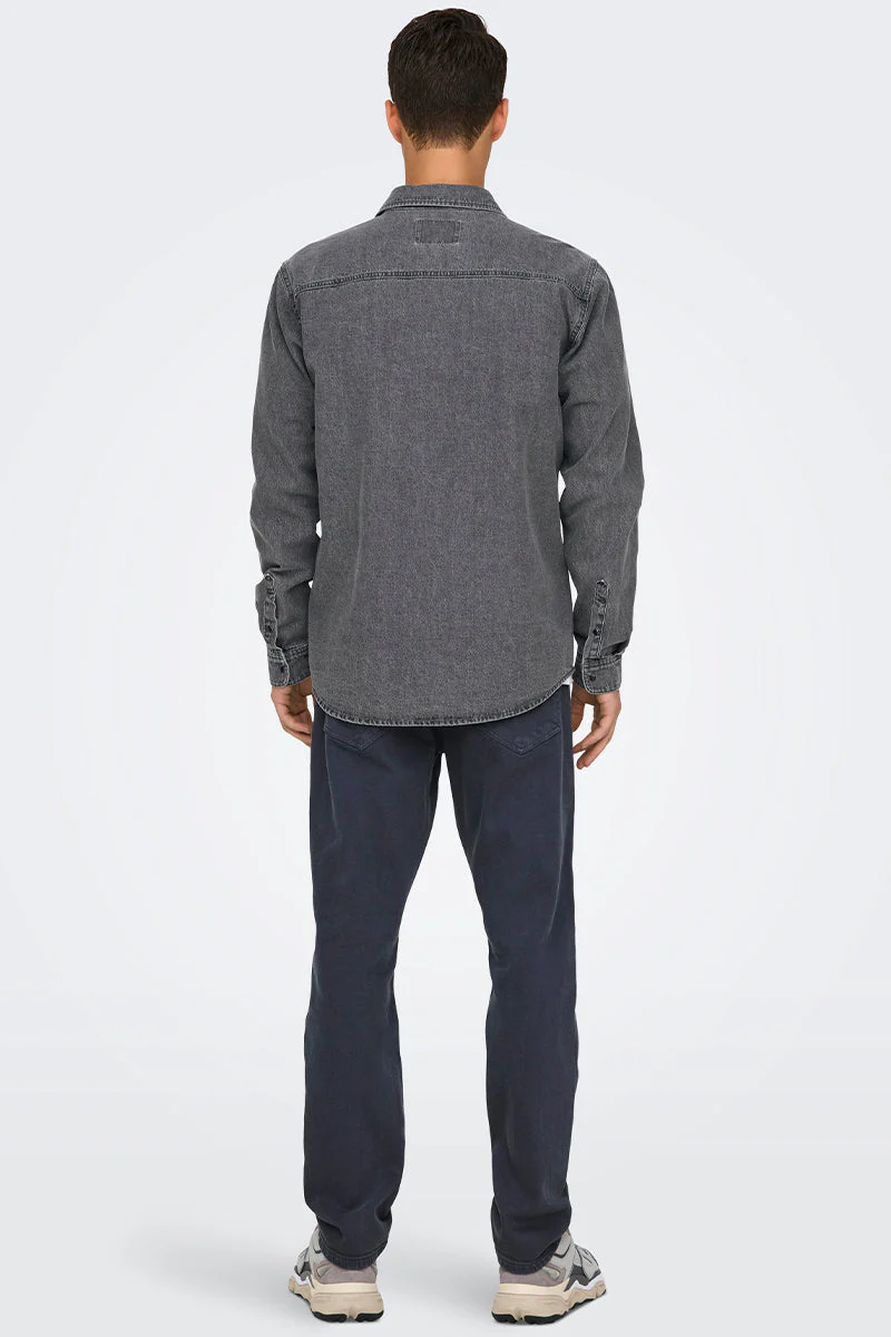 ONLY & SONS Bane Regular Fit Denim Shirt Light Grey Denim - Image 5