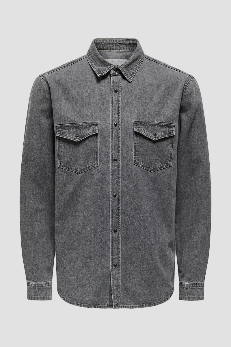 ONLY & SONS Bane Regular Fit Denim Shirt Light Grey Denim - Image 6